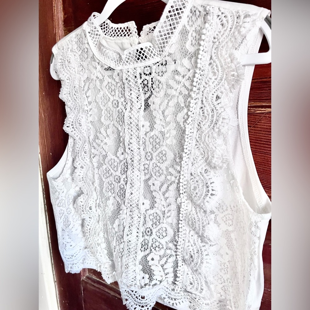 Lace Floral Sleeveless Blouse, Flounce Ruffles, Zig Zag Hem, Mandarin Collar